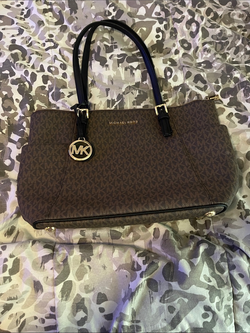 MICHAEL Michael Kors Brown Logo Shoulder Tote with Gold MK Charm